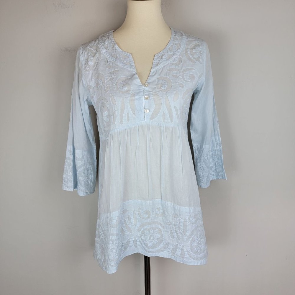 Le Cera Hand Sewed Blue Floral Patchwork Button Beach Cover Up Sheer Tunic Top S